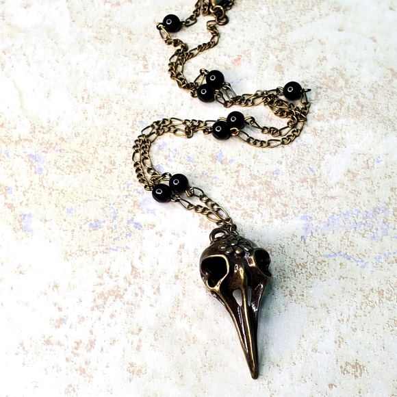 Antique Bronze Black Jasper Bud Skull Necklace